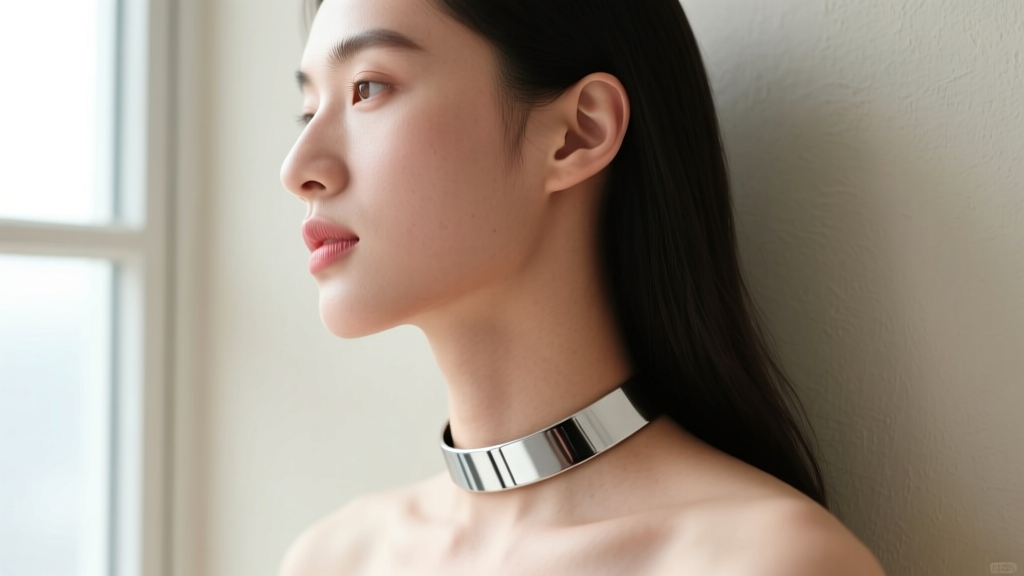 Side profile of a person wearing a minimalist titanium choker necklace, showing a smooth finish against the skin with no redness
