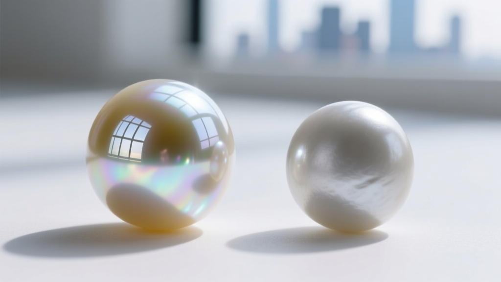 Macro comparison of a high-luster Edison pearl reflecting a sharp window pane next to a dull chalky low-grade freshwater pearl.