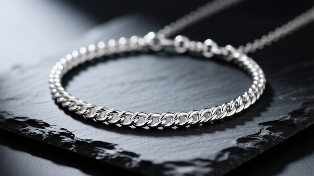 Close-up of a .925 sterling silver rope chain necklace on dark slate, highlighting the bright luster and intricate twist details.