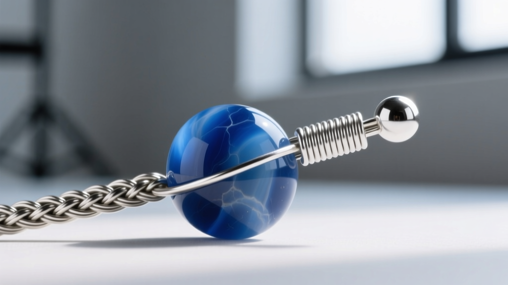 Macro shot of braided beading wire passing through a banded blue chalcedony bead with a silver crimp tube and bead tip attached.