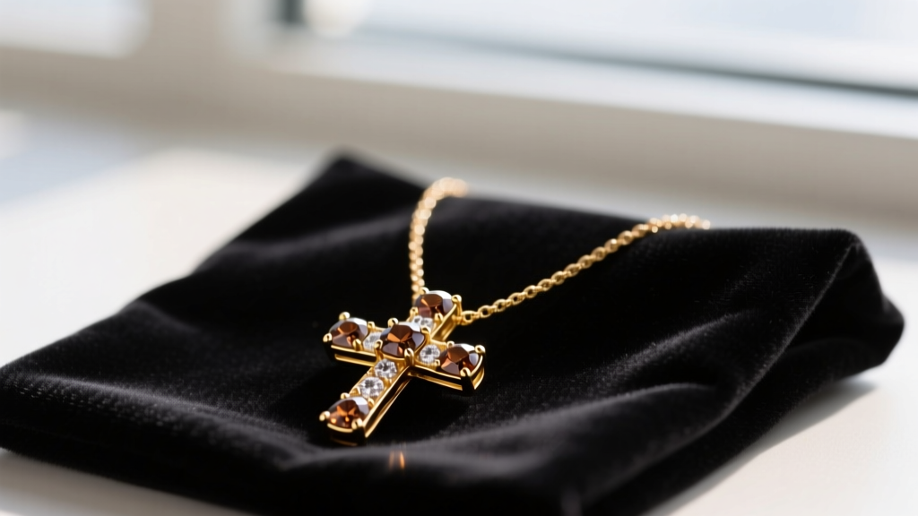 Close-up of a Le Vian cross necklace with Chocolate Diamonds in Strawberry Gold resting on a dark velvet jewelry cleaning cloth.