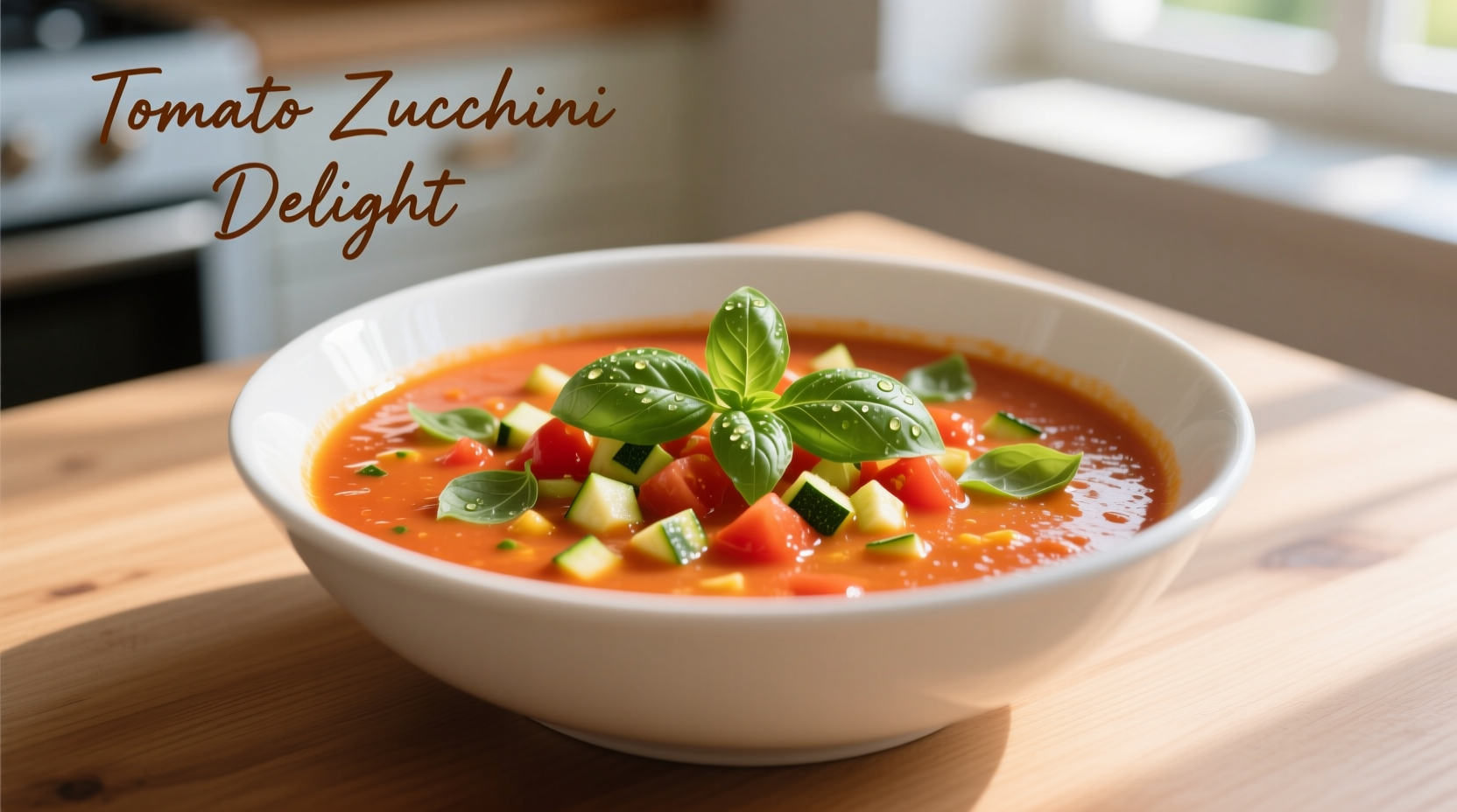 Vibrant tomato zucchini soup in white bowl with fresh basil garnish