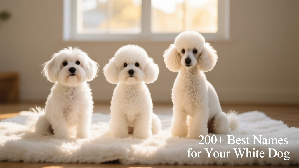 Three white dogs of different breeds — Maltese, Bichon Frisé, and Poodle — sitting together on a snowy-white rug