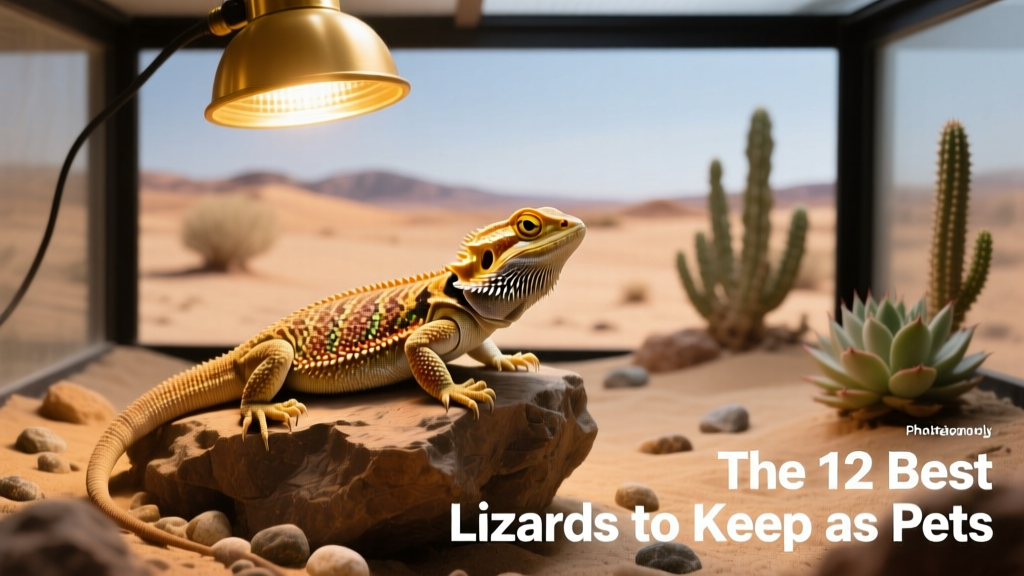 Bearded dragon basking under a heat lamp on a rocky perch in a spacious desert-style enclosure