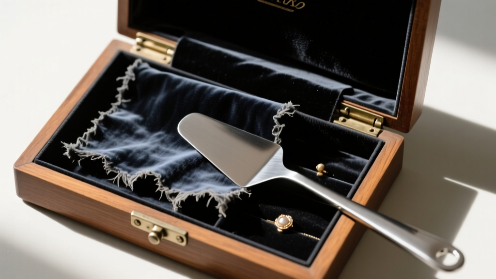 Overhead view of a disassembled 60s jewelry box interior showing degraded black velvet lining carefully removed with a spatula.