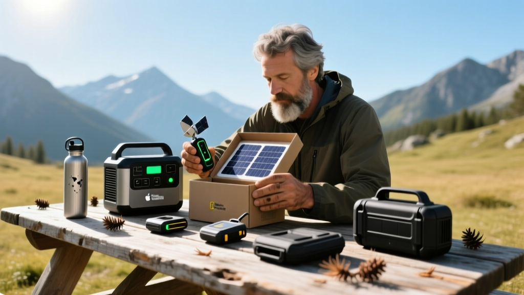 A rugged outdoor enthusiast unboxing a collection of high-tech camping gadgets including a solar generator and satellite messenger on a wooden picnic table.