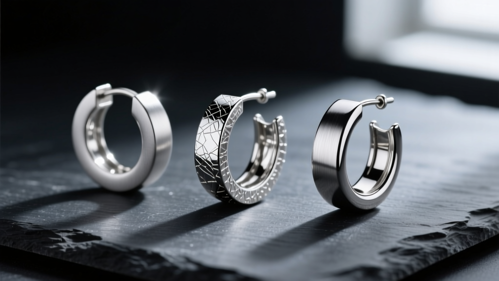 Macro shot of three silver hoop earrings in varying finishes on dark slate, highlighting metal textures and bright reflections