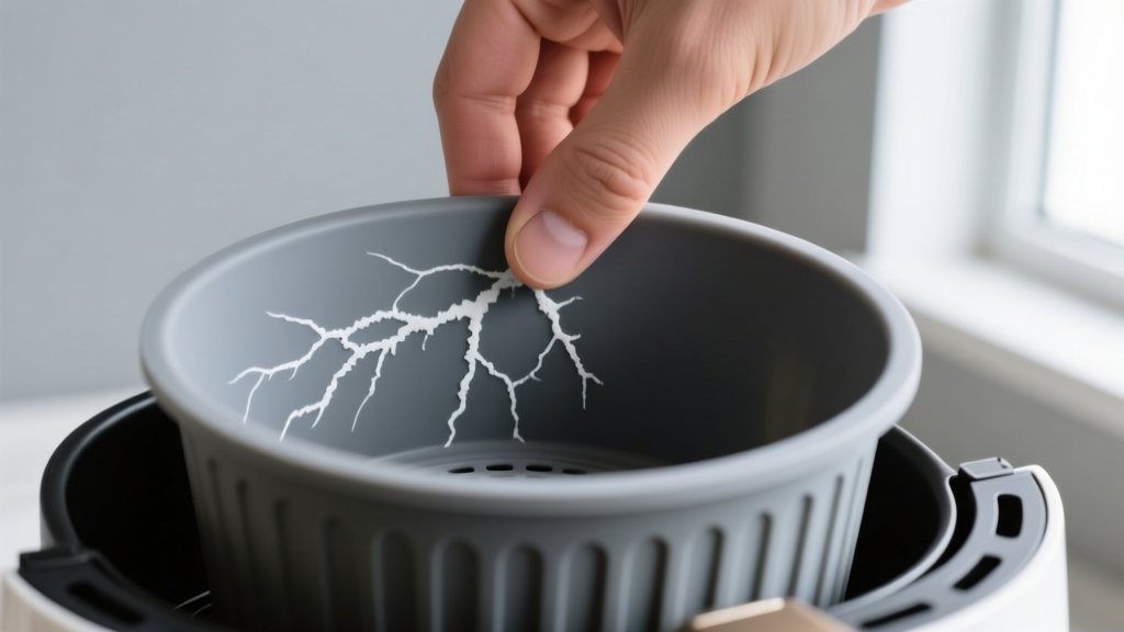 Pinch test on a grey silicone air fryer liner revealing white stress marks that indicate cheap plastic filler materials