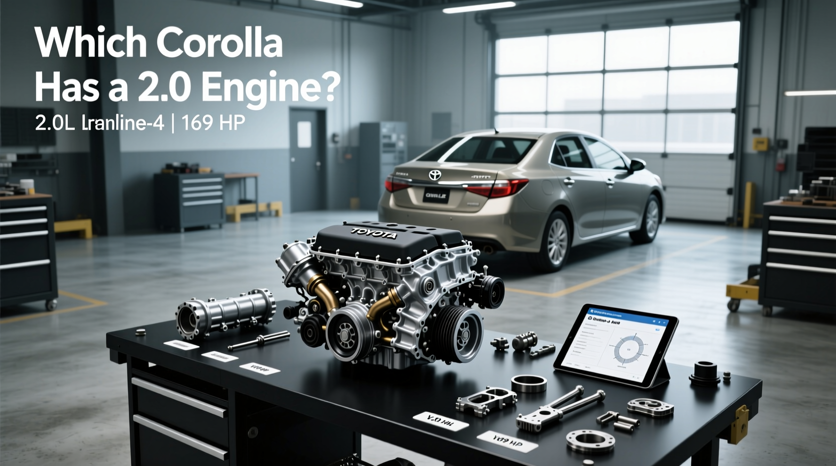 Close-up view of Toyota Corolla engine lineup showing different displacements