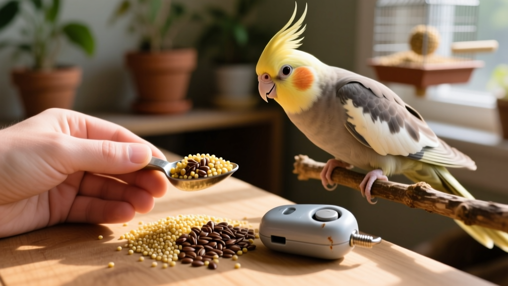 A hand holding a small scoop of millet and flaxseed next to a training clicker and a cockatiel perched nearby