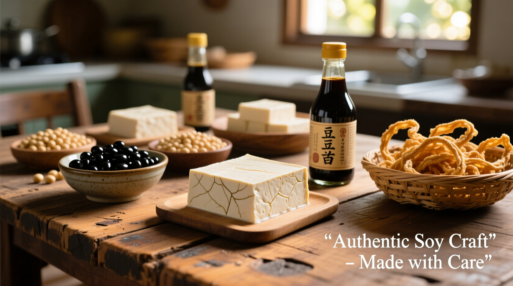 Soy products arranged on wooden table