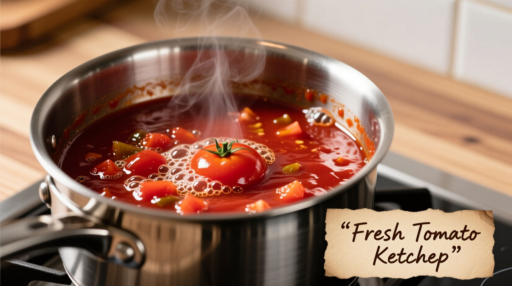 Fresh tomato ketchup simmering in stainless steel pot