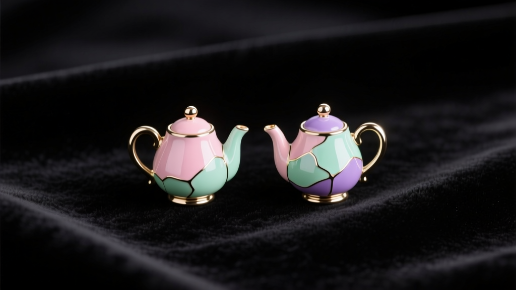 Pastel enamel teapot earrings resting on dark velvet, shot from a top-down macro angle with soft, diffused studio lighting setup.
