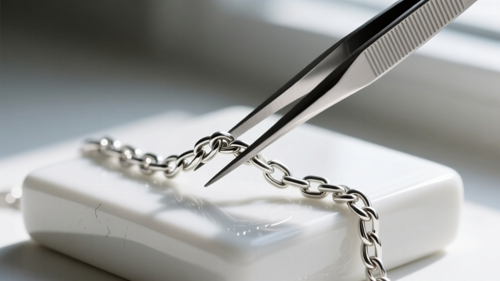 Close-up of fine steel tweezers gently pulling apart a knotted sterling silver box chain on a white ceramic jewelry bench block