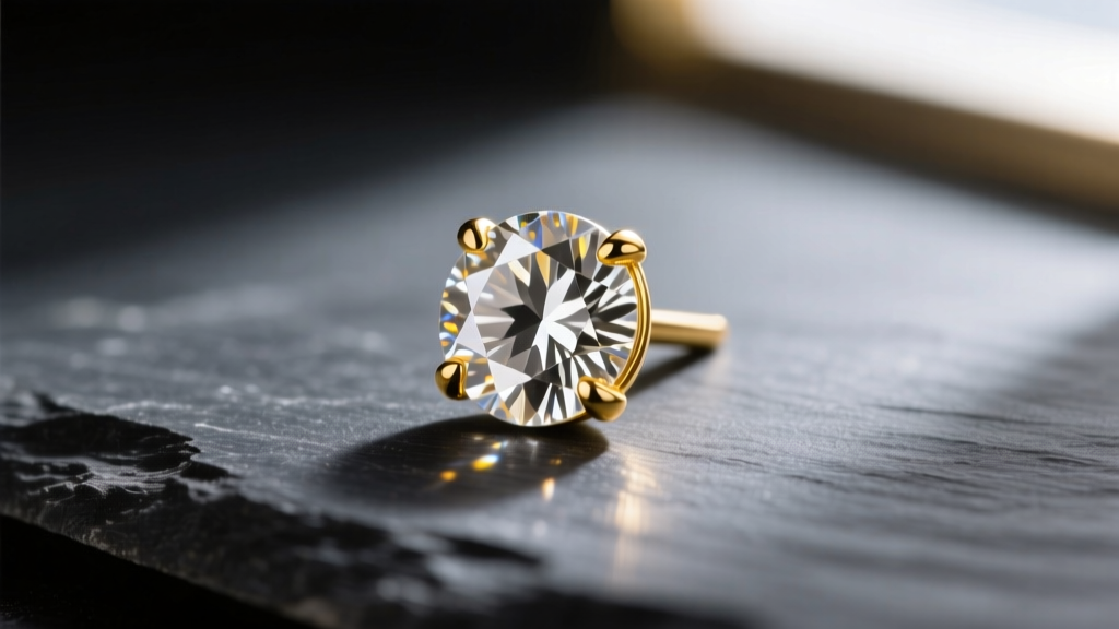 Macro shot of a 4mm round diamond stud in 14k yellow gold on dark slate, soft lighting, sharp focus on the faceted gemstone.