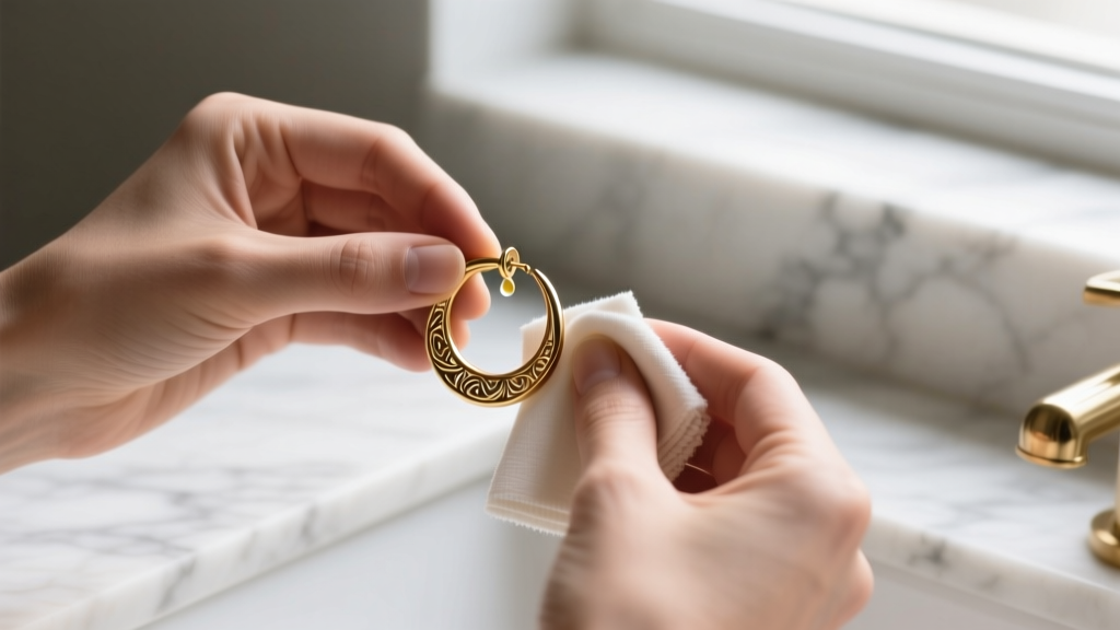 Hands cleaning a small brass possum hoop earring with a microfiber cloth and polishing solution on a bright marble vanity surface