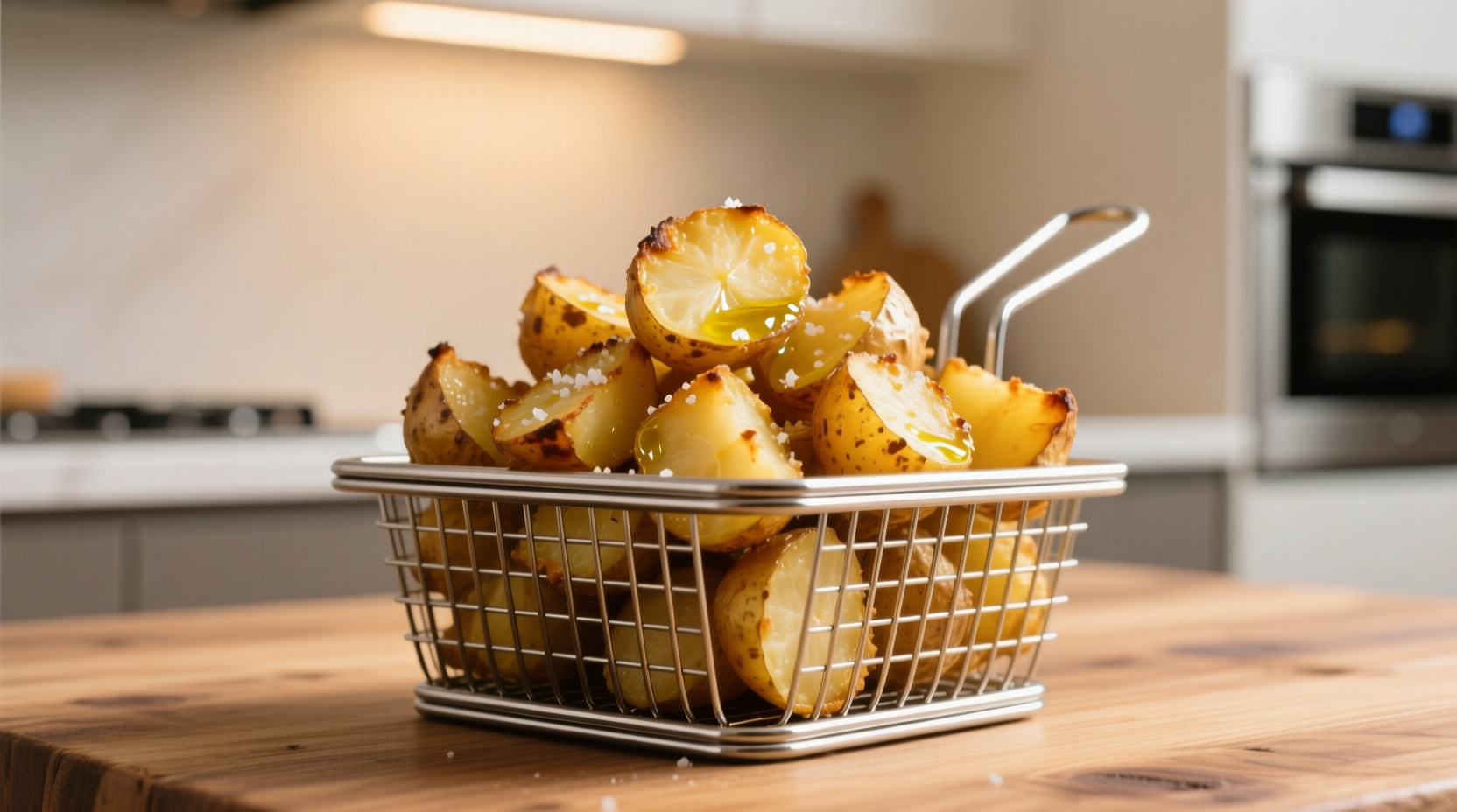 Crispy golden air fryer potatoes in basket