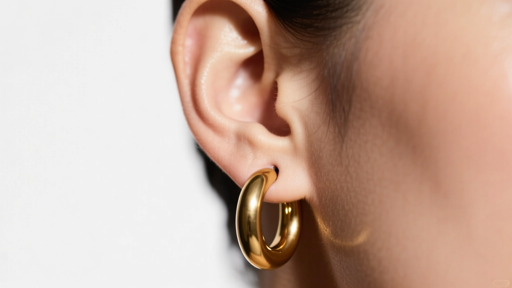 Close-up of an earlobe wearing a heavy brass hoop, showing downward pull on the piercing fistula under soft, warm studio lighting.