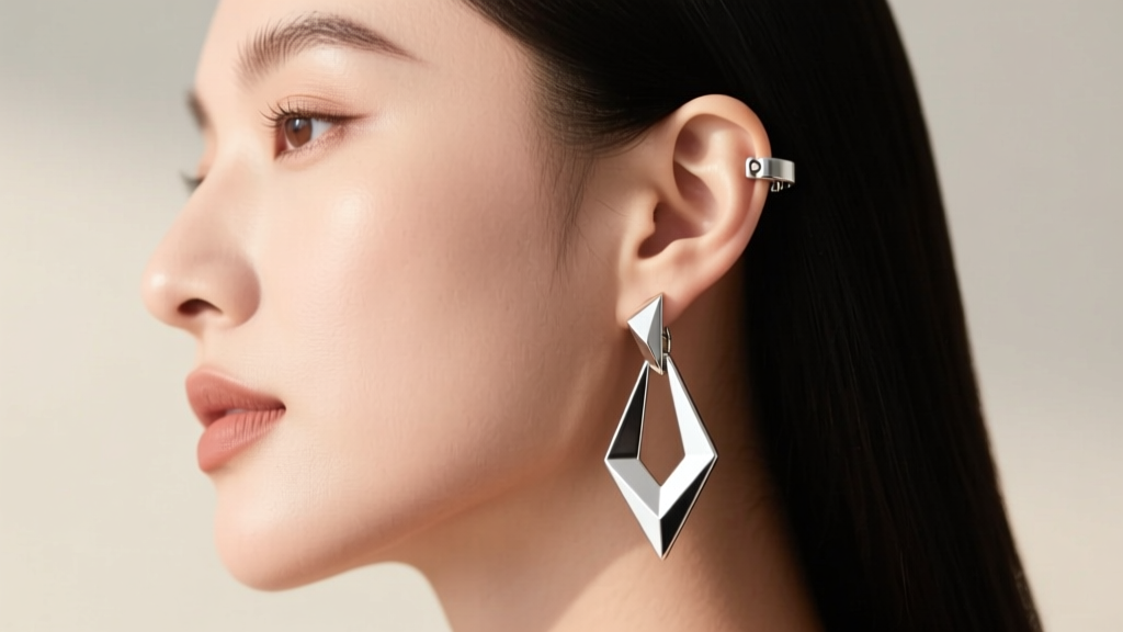 Side profile of a woman wearing geometric platinum lever back drop earrings, highlighting the secure snap closure near the earlobe