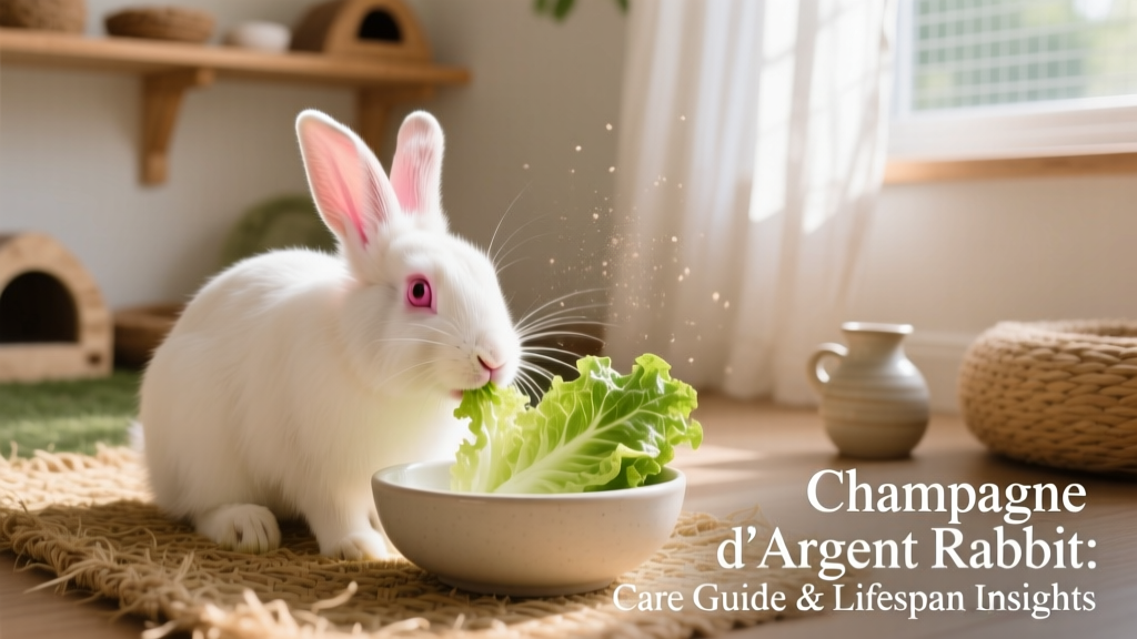 A happy Champagne d’Argent rabbit nibbling fresh romaine lettuce from a shallow ceramic bowl inside a sunlit, tidy indoor habitat