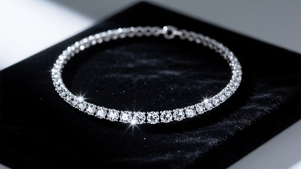 Flawless diamond necklace on black velvet, showing intricate platinum micro-pave links under a dramatic gallery spotlight.