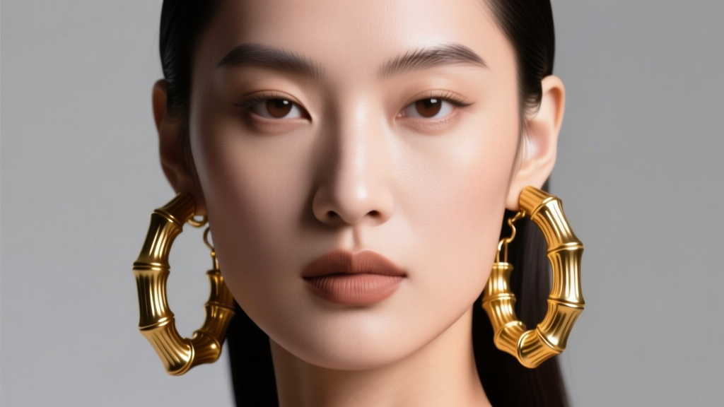 Close-up of a model wearing thick gold large bamboo earrings, studio light highlighting the tubular texture and sharp jawline.