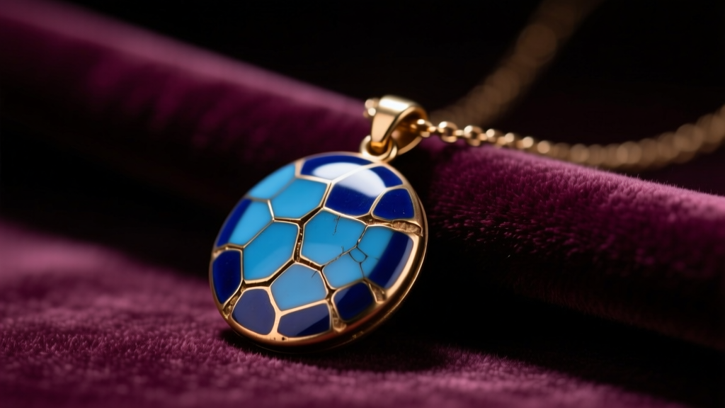 Macro view of a chipped navy enamel pendant necklace on velvet, exposing brass base metal under bright jewelry studio lighting.