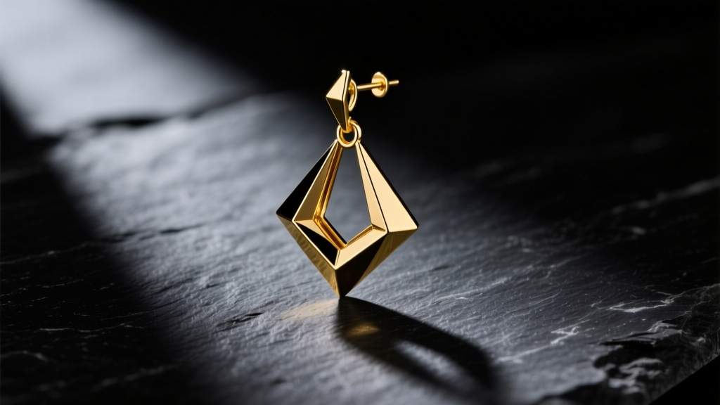 Macro shot of a 14k gold vermeil geometric statement dangle earring resting on dark slate with dramatic, moody shadows