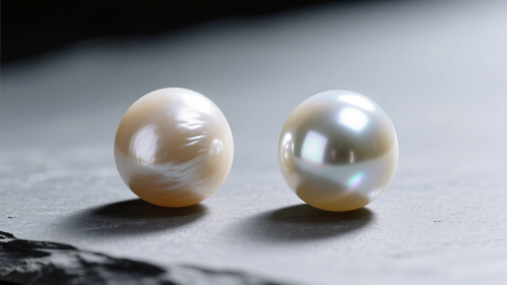Macro shot of a chalky coin pearl next to a mirror-luster gem-grade coin pearl side-by-side on a neutral grey slate surface