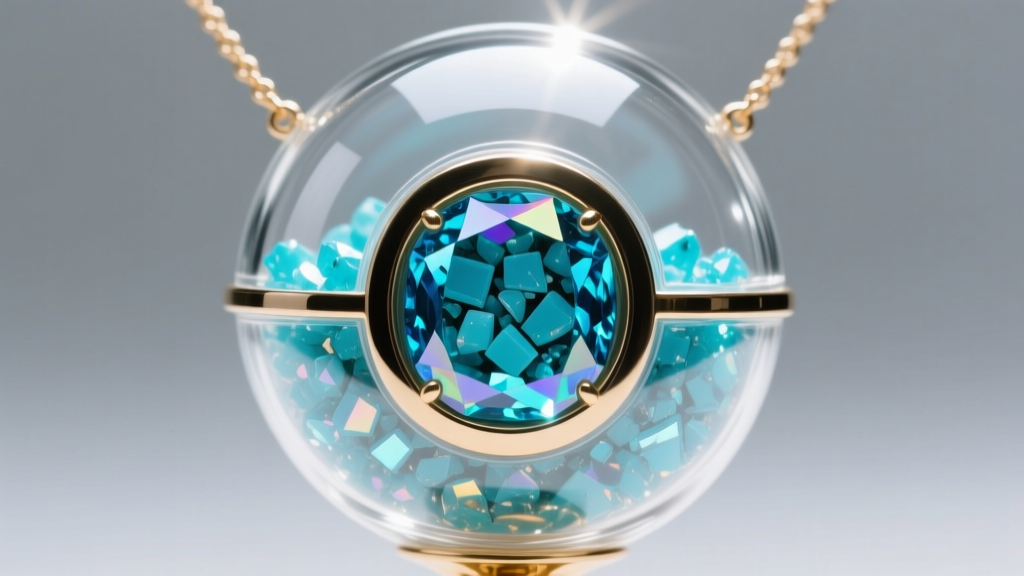 Close-up of a monstrance necklace central relic window filled with crushed turquoise and sealed with domed, high-gloss clear epoxy resin.