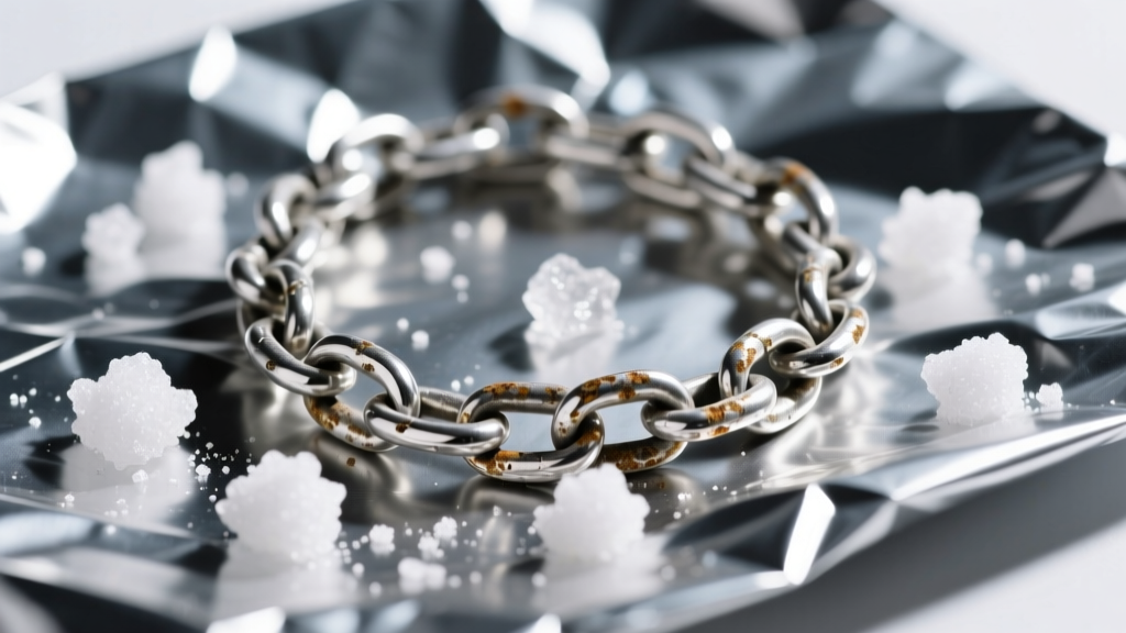 Close-up of a tarnished 925 sterling silver chain on crumpled aluminum foil and baking soda crystals under bright studio lighting