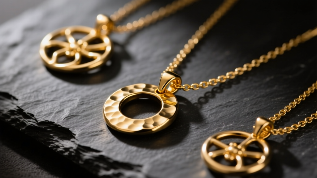 Close-up of Necklace Valley artisan gold pendants on dark slate, lit by warm studio light to highlight hand-forged chain details