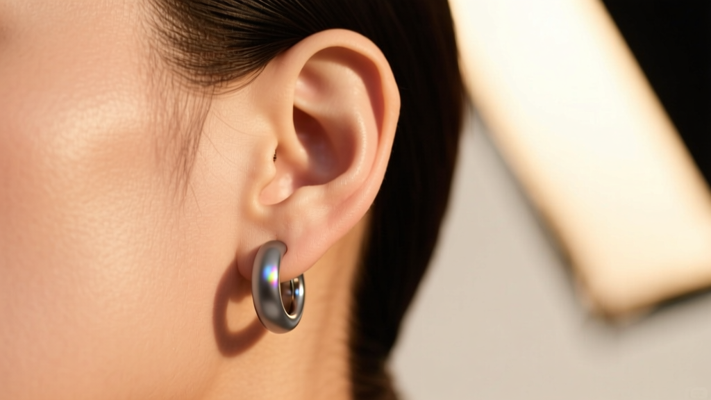 Side profile of an ear wearing a seamless niobium hoop earring in anodized gunmetal grey against soft, warm studio lighting.