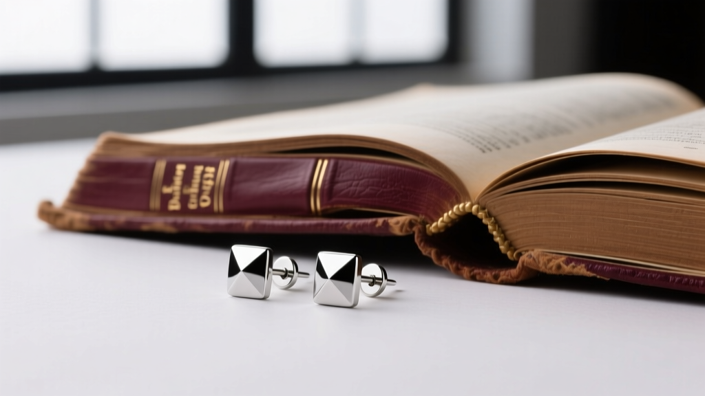 Flat lay of minimalist 18-gauge implant-grade titanium bezel stud earrings beside an open antique leather bible, soft lighting.