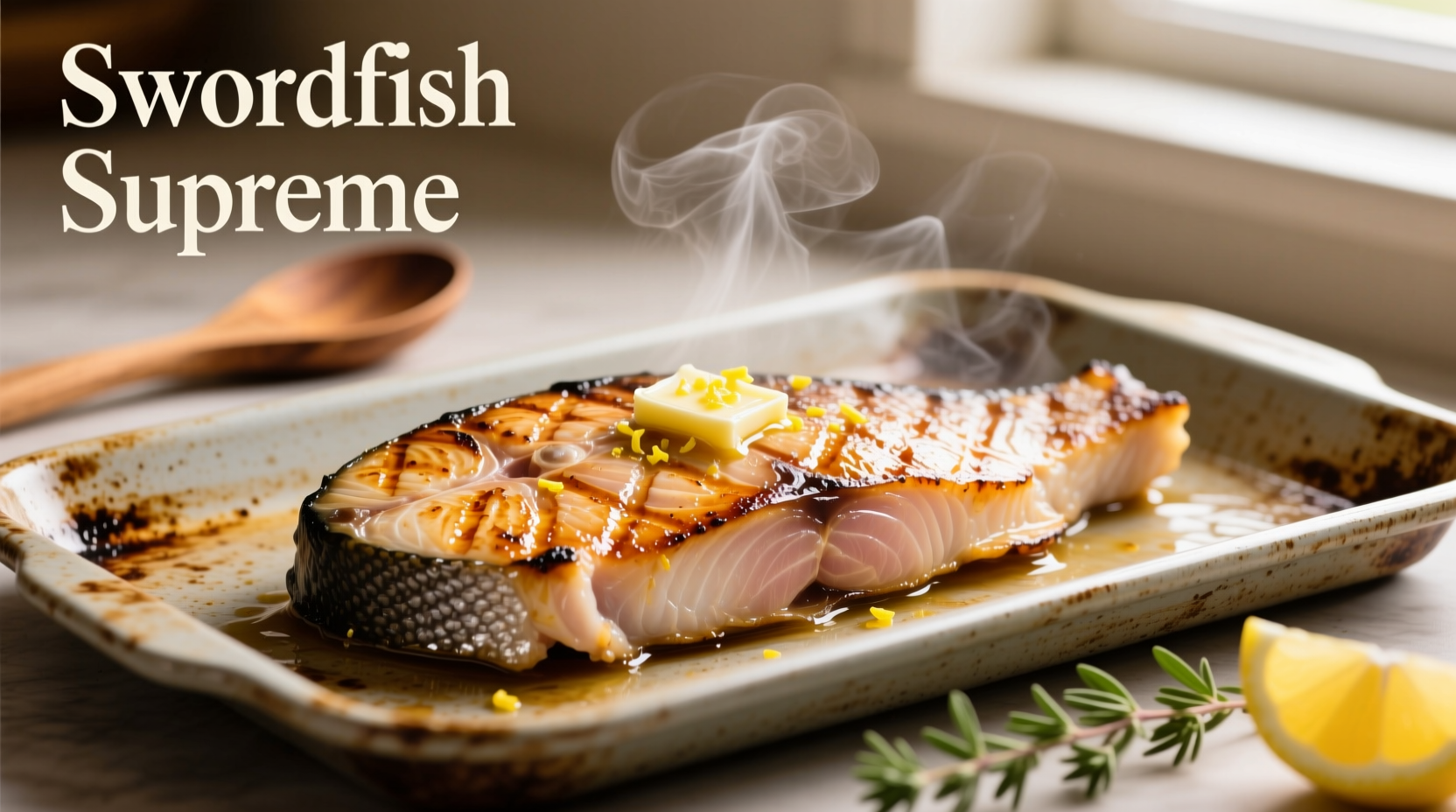 Perfectly cooked swordfish steak on baking sheet