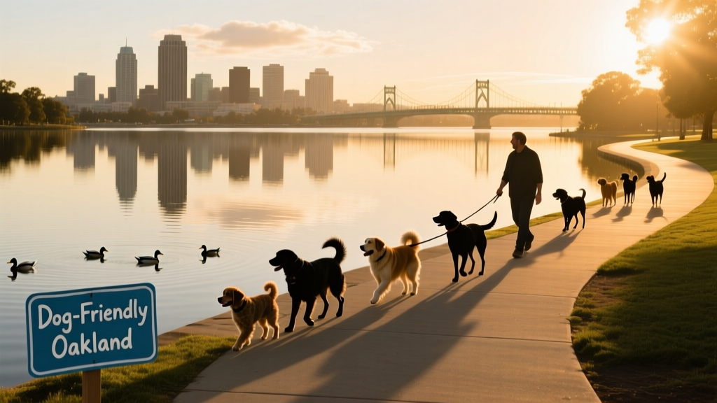 Scenic view of Lake Merritt in Oakland with dogs walking along the paved path and water reflecting city skyline