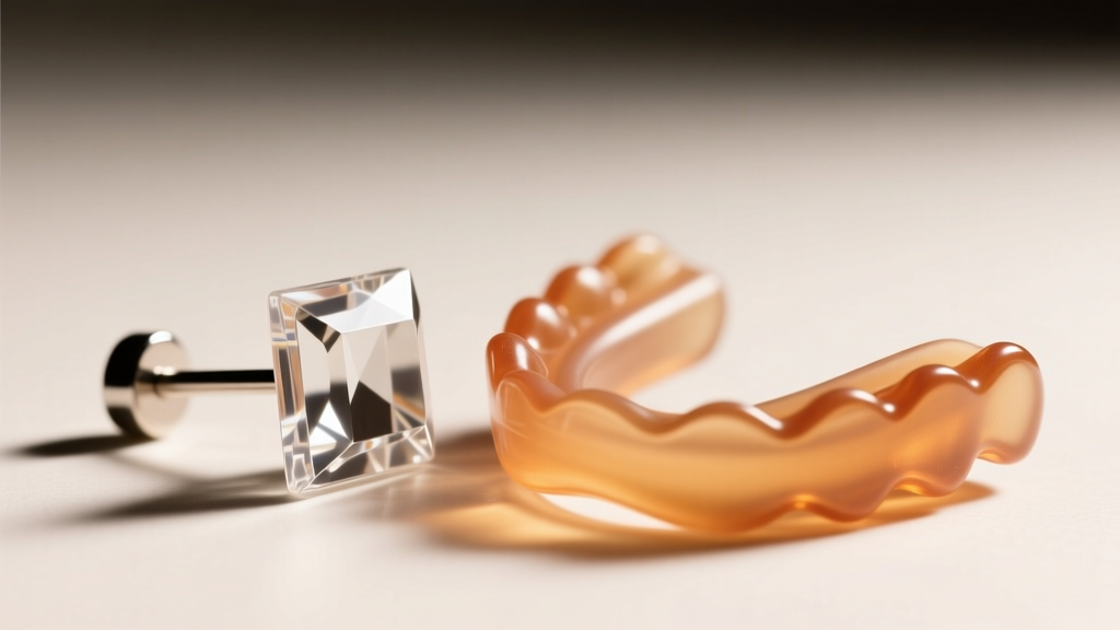 Close-up of a rigid clear acrylic ear stud beside a flexible bioplast retainer bending slightly under bright, warm studio lighting