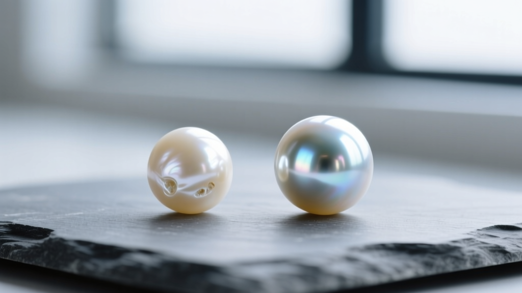 Macro shot of a 5mm freshwater pearl next to a 5mm Akoya pearl on grey slate, showing distinct luster and surface differences.