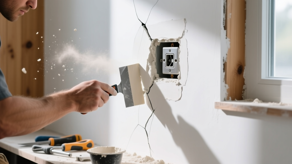 Contractor patching a cracked seam on a white painted wall using a taping knife and setting compound near a recessed electrical box