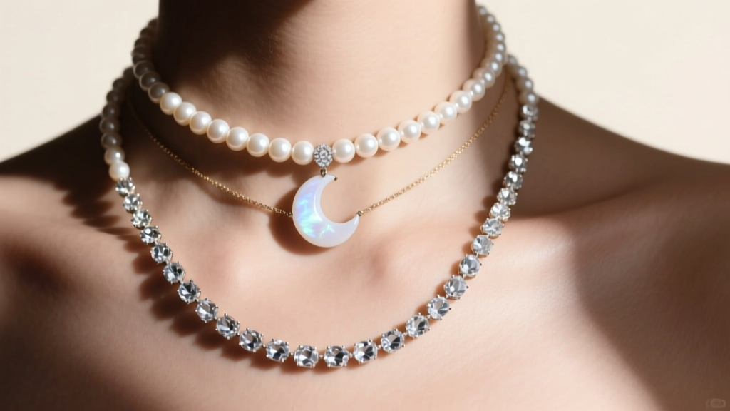Layered necklaces showing a pearl choker, white moonstone mid-length pendant, and long white topaz station chain on a collarbone