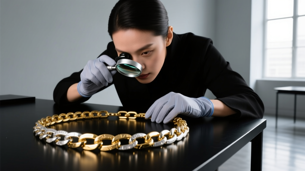 Jeweler using a digital loupe to inspect the edge wear and plating quality of a heavy gold plated sterling silver chain link.