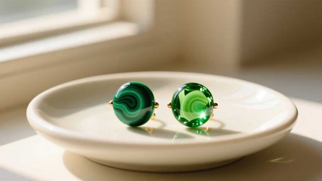 Close-up of vibrant green malachite and peridot beaded earrings resting on a minimalist ceramic dish in bright natural sunlight.