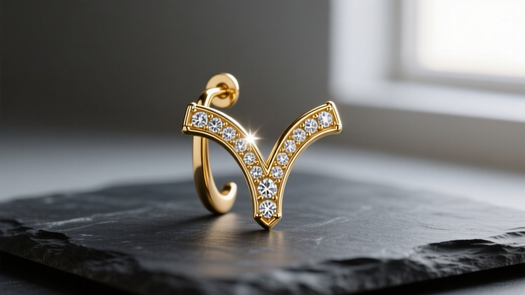 Close-up of 18k gold wishbone earring with paved diamonds on dark slate, soft lighting highlighting the delicate V-shape vertex.