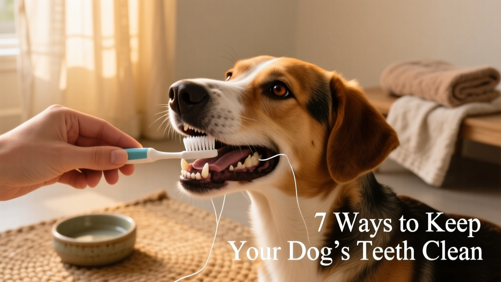 Hand gently brushing a dog's teeth with a soft-bristled canine toothbrush