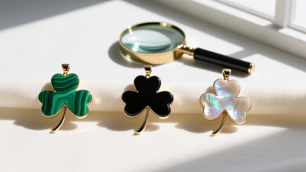 Flat lay comparison of three clover pendants showing malachite, black onyx, and mother of pearl inlays next to a jewelers loupe
