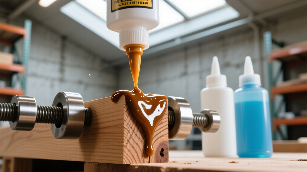 Close-up of polyurethane glue being applied to an oily teak wood joint, with metal clamps and adhesive bottles in a bright workshop