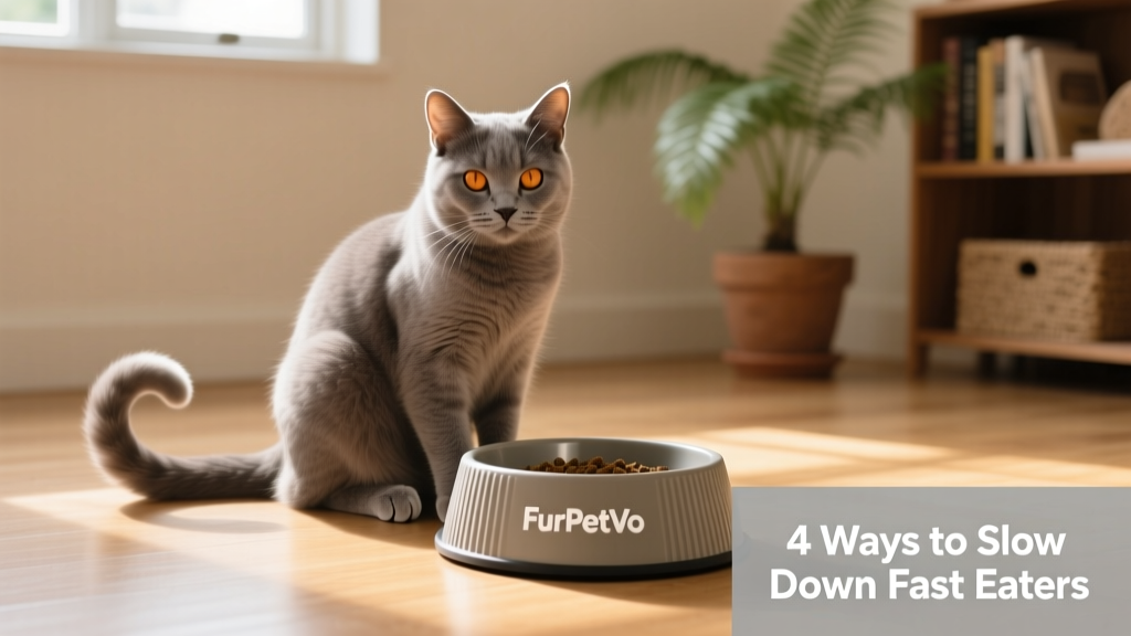Calm, relaxed cat sitting beside an empty FurPetVo slow-feeder bowl, tail curled neatly