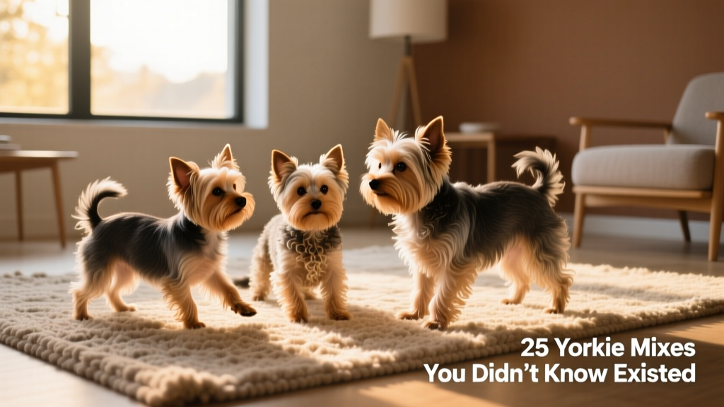 Three Yorkie mixes—different sizes and coat textures—playing gently on a sunlit rug indoors