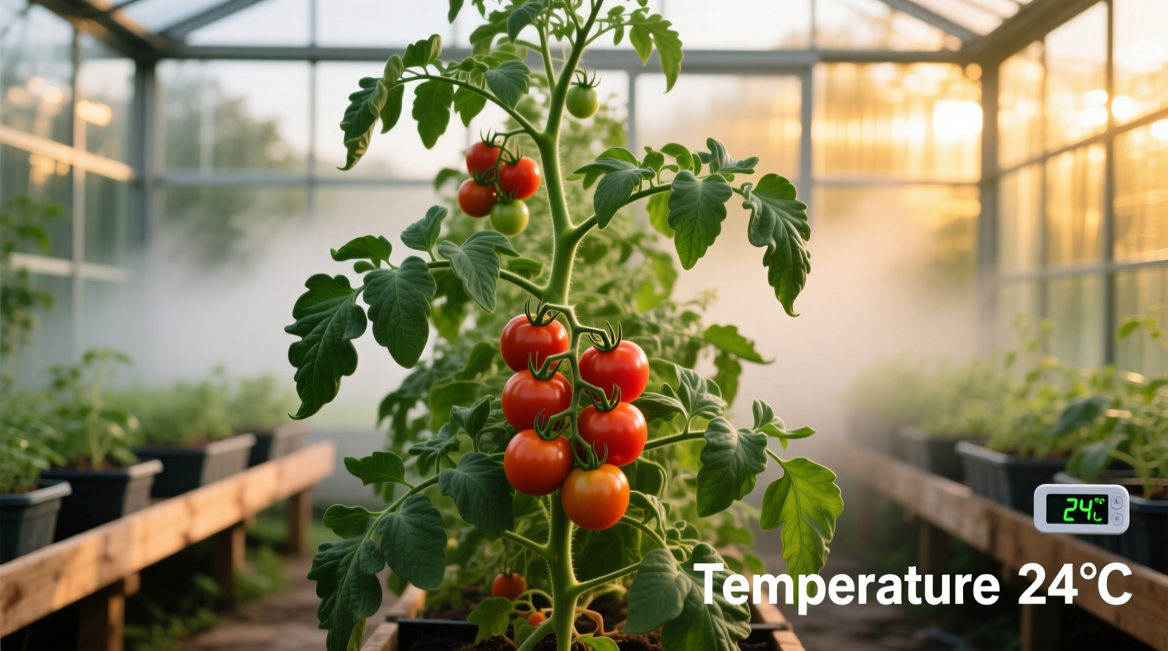 Tomato plants showing optimal growth in ideal temperature conditions