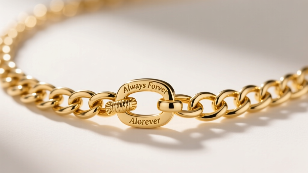 Macro shot of a 1.2mm 18k yellow gold rolo chain and lobster clasp on an always forever necklace, showing detailed metal texture.